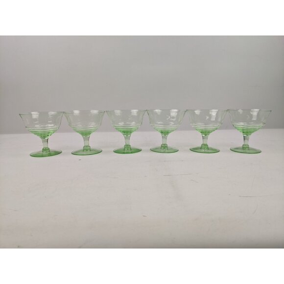 Uranium Green Depression Glass Footed Sherbert Cups 3.5" Set Of 6 - Picture 5 of 10